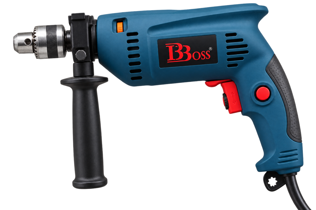 BBOSS 900W power drill with 230V voltage, 50Hz frequency, 2800 RPM no-load speed, and 13mm drilling capacity.