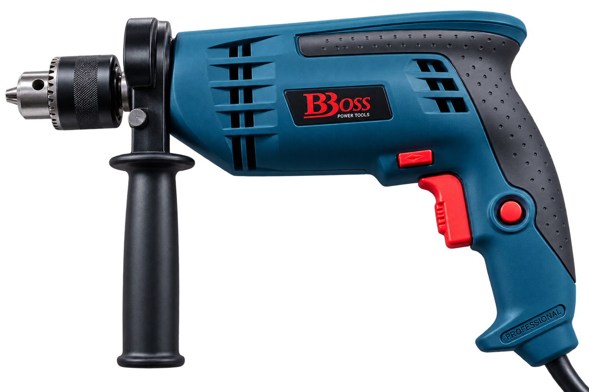 BBOSS power drill with 1200W rated input power, 230V voltage, 50Hz frequency, 2800 RPM no-load speed, and 13mm drilling